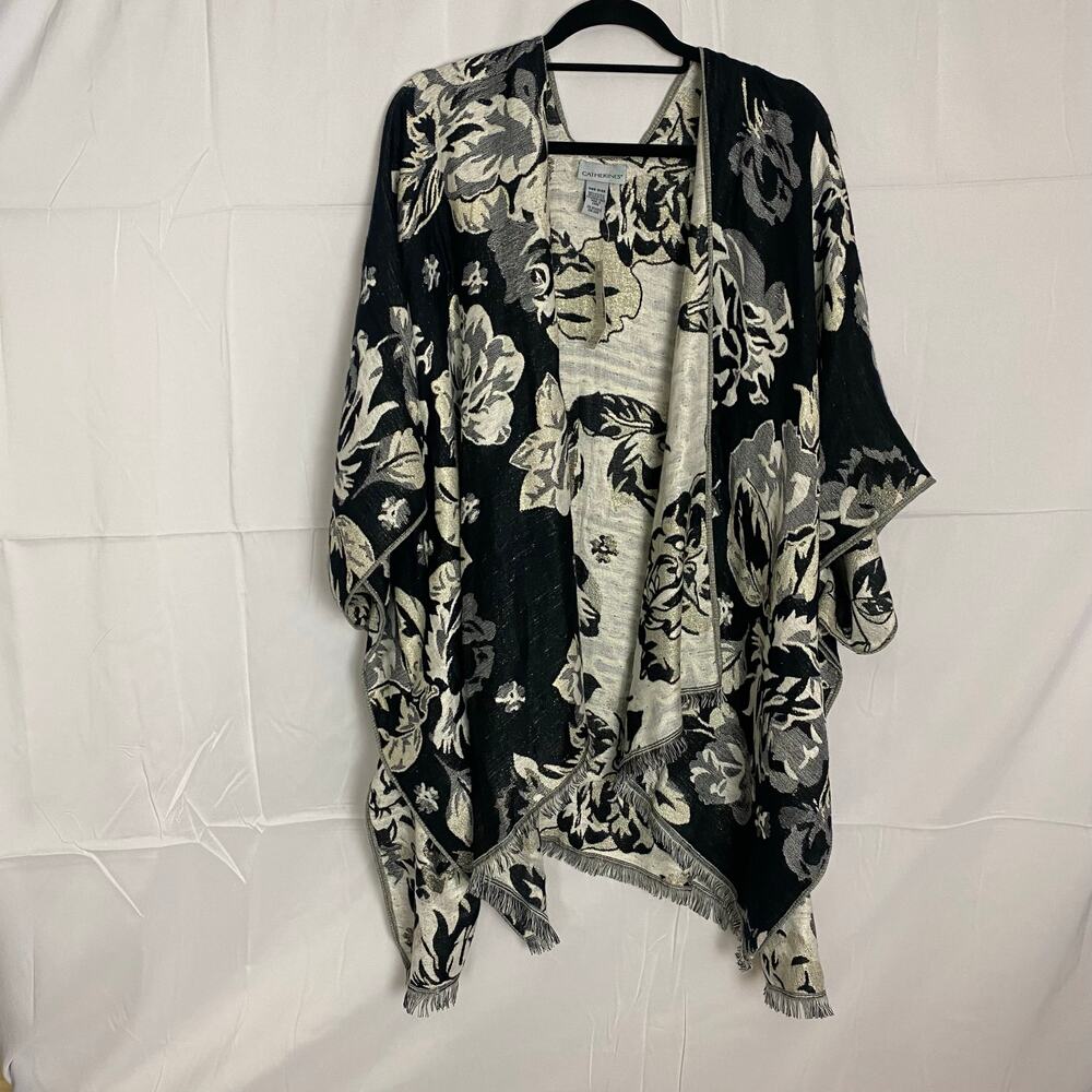 Catherine's Black White Rose Floral Fringe Kimono Open-Front OS NWT